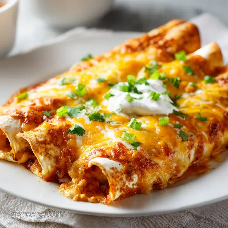 Three golden-brown chicken enchiladas drizzled with crema and sprinkled with bright green cilantro on a white plate.
