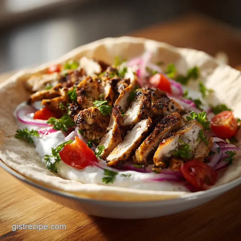 Tender chicken shawarma artfully arranged with fresh parsley, red onion, and warm pita bread.