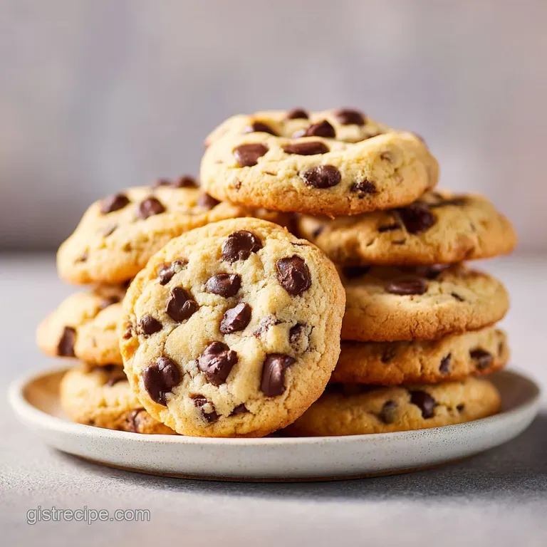 Stack of warm chocolate chip cookies on a rustic plate. Melty chocolate oozes, promising a soft, chewy, buttery bite.