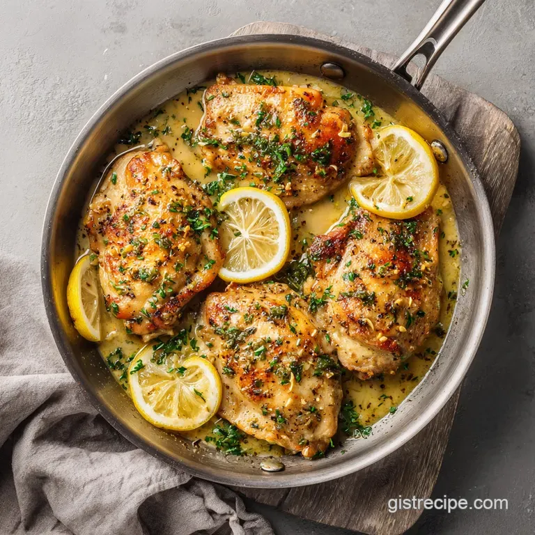 A bright yellow lemon sauce coats succulent chicken, garnished with fresh herbs on a white plate.