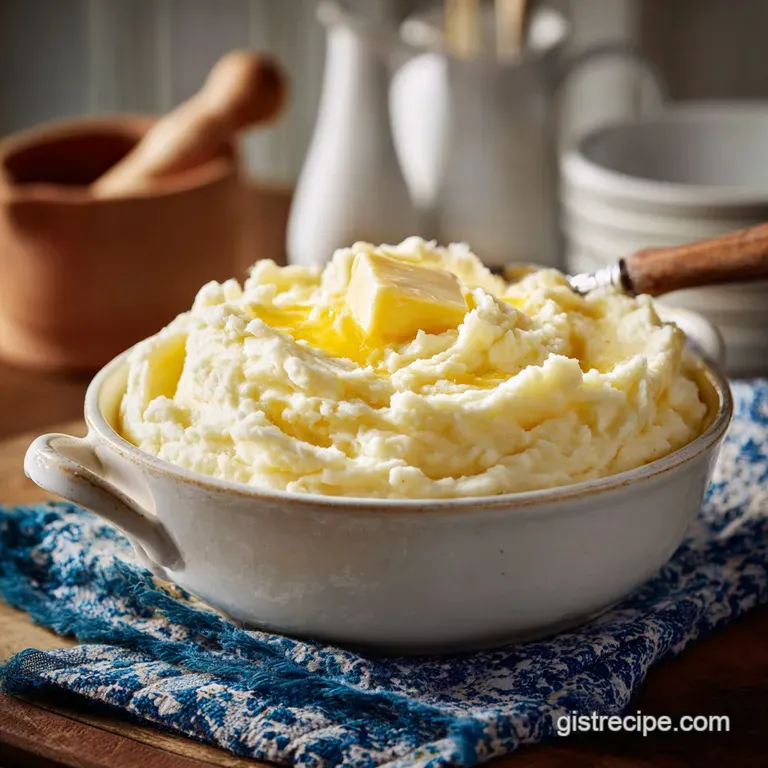 Piping bag swirled mashed potatoes in a glass bowl, topped with a pat of butter and snipped chives. Lightly textured and a...