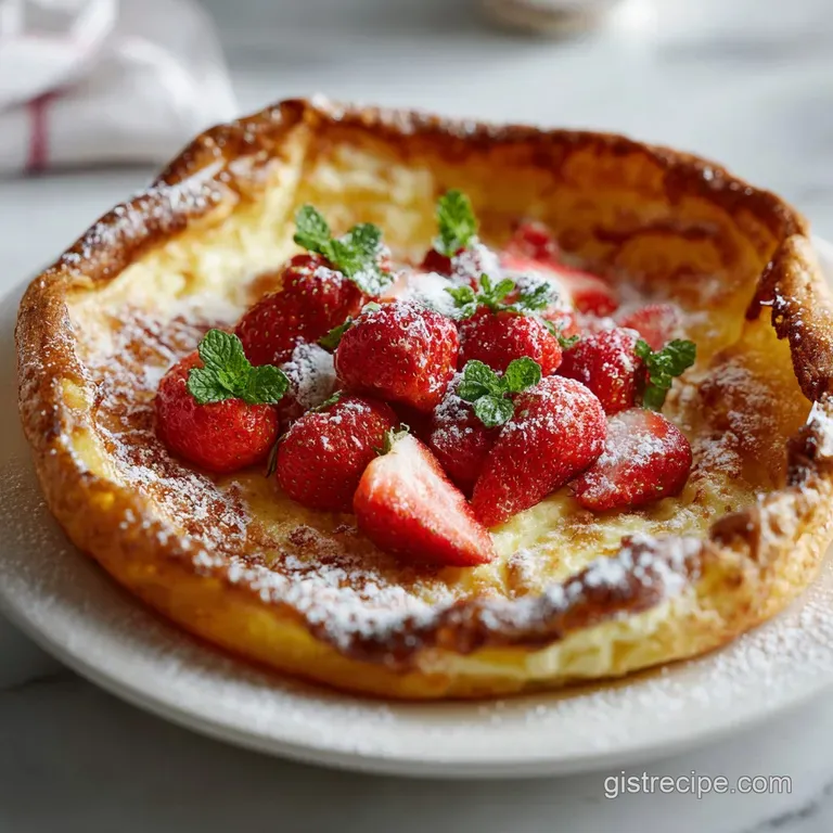 Lightly browned German pancake folded gently, topped with vibrant fresh berries and a dusting of sugar.