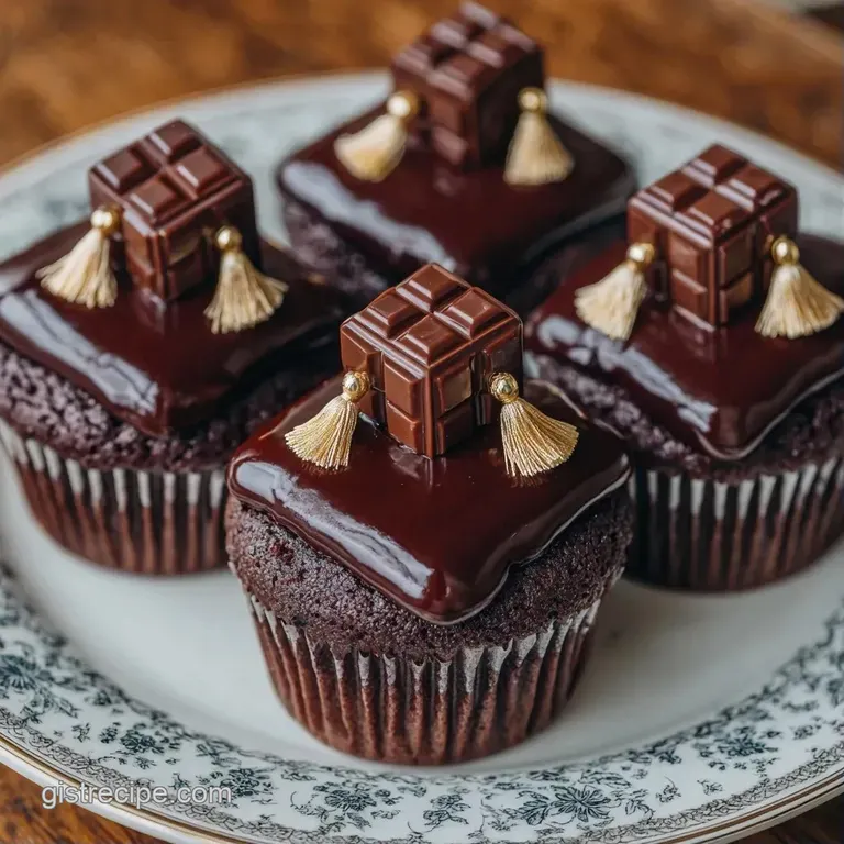 A curated display of black square-topped sweets with shimmering gold tassels on a minimalist white porcelain tray.