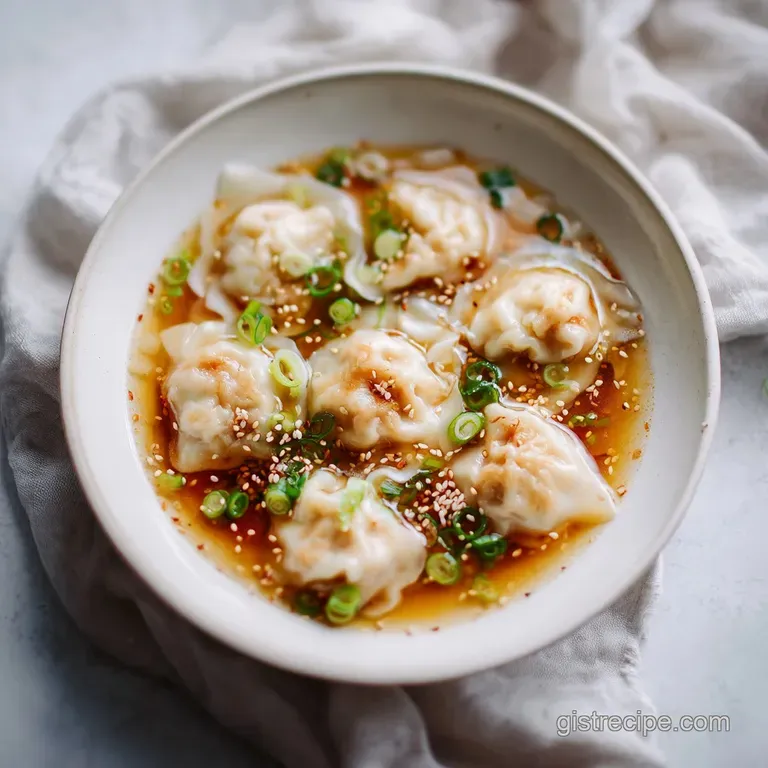 Elegant bowl showcasing tender potstickers nestled in a light, savory broth with delicate garnishes.