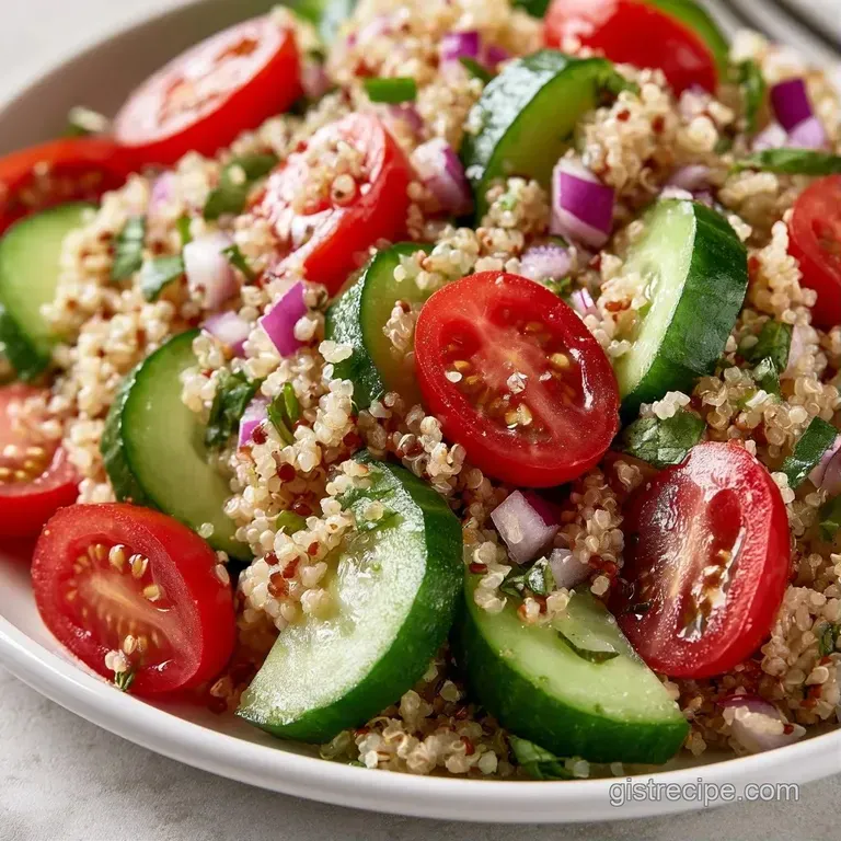 Fresh quinoa salad with colorful diced vegetables and parsley neatly arranged in a clear glass meal prep bowl.
