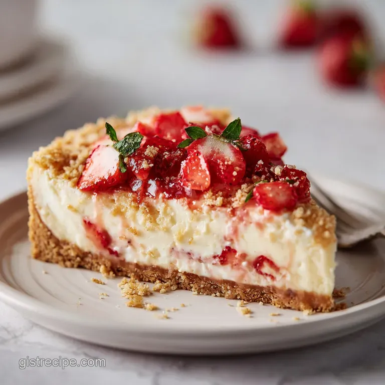 A thick slice of strawberry crunch cheesecake, drizzled with sauce, adorned with fresh berries on a white plate.