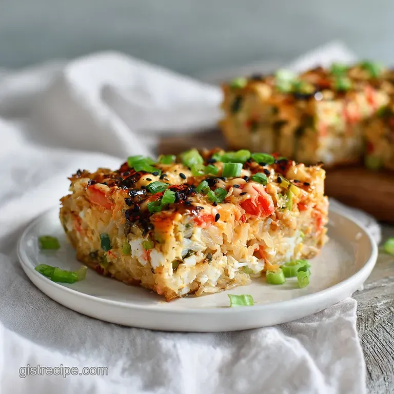 Flaky crab and creamy rice bake artfully arranged in a white ceramic dish, garnished with green onions.