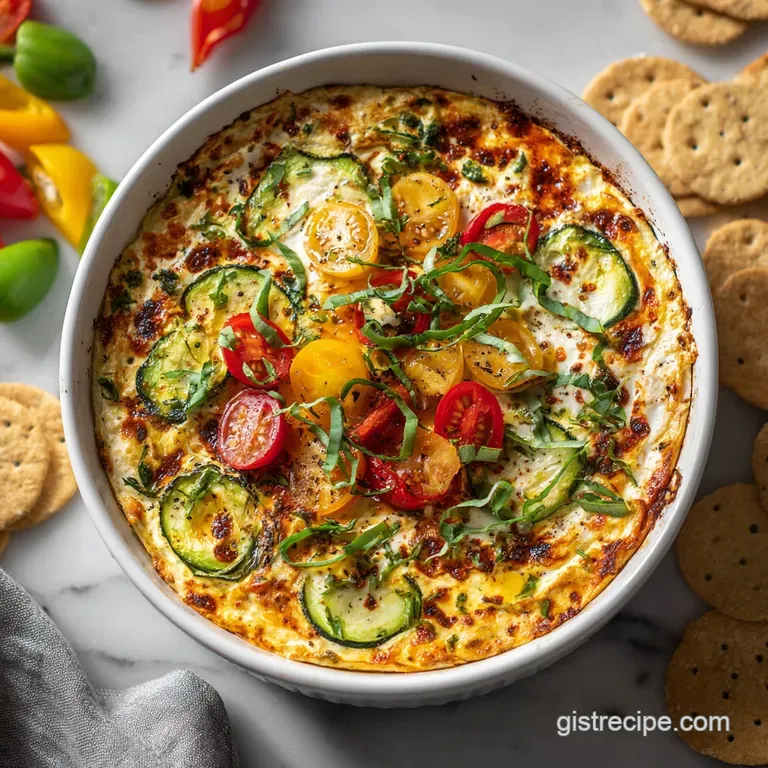 Creamy veggie dip piled high on a platter, with rainbow of colorful vegetable toppings. Crackers and tortilla chips surround.