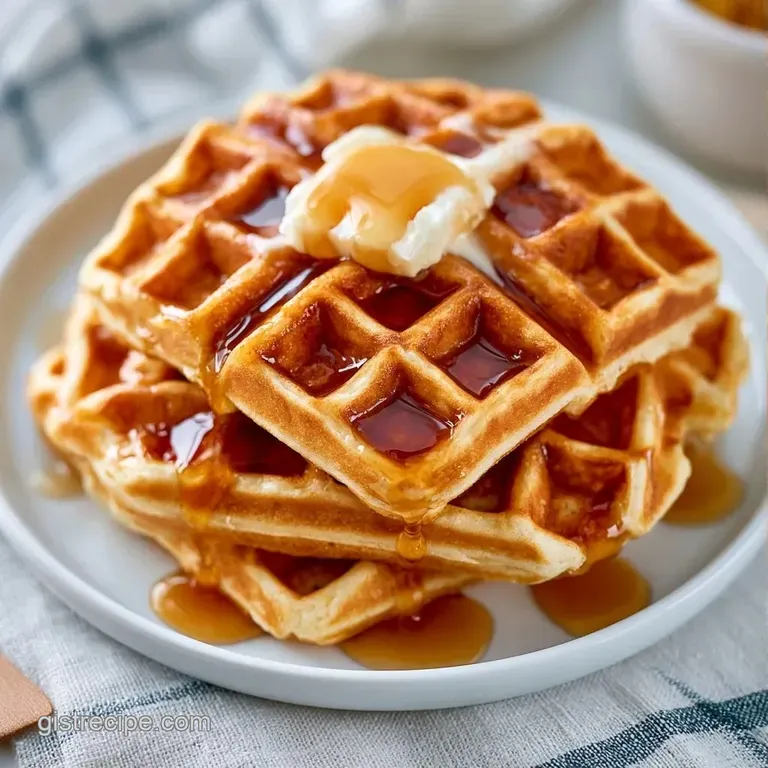 Crispy golden waffles on a white ceramic plate topped with fresh blueberries and a dusting of powdered sugar.