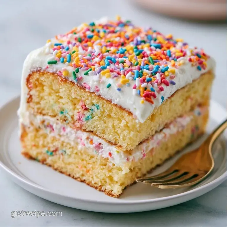 A neat slice of golden cake on a white ceramic plate, paired with a dollop of whipped cream and a fresh strawberry.