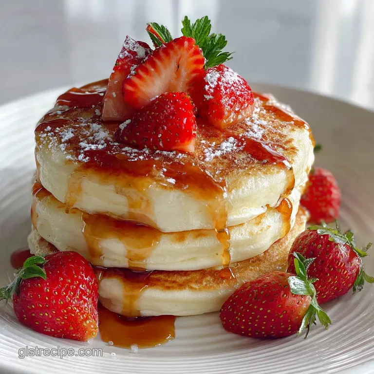 Three fluffy pancakes drizzled with syrup & crowned with mixed berries on a white plate, steam rising, ready to eat.