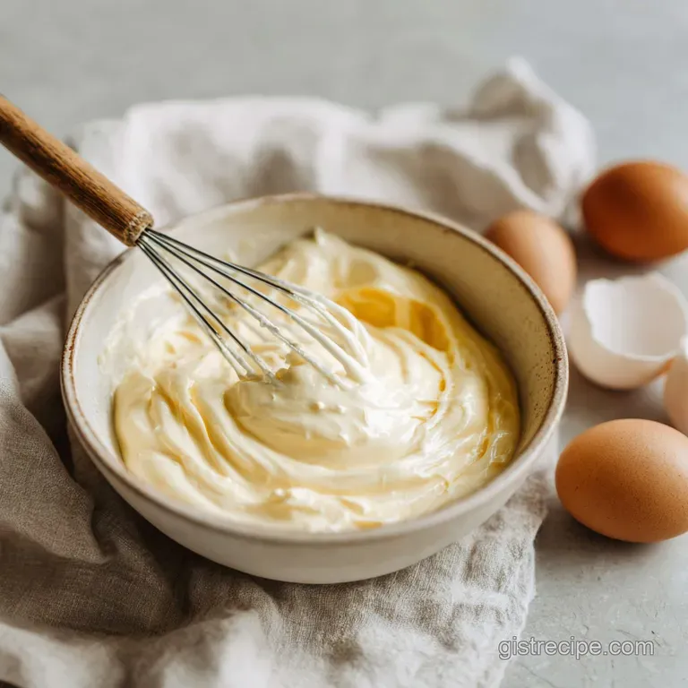 A swirl of velvety mayonnaise, presented in a small white bowl, catching the light with its smooth, rich texture and delic...