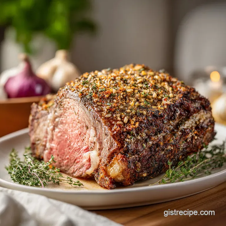 Slices of rosy prime rib, crusted with herbs, arranged on a white plate with rosemary sprigs. Au jus pools appetizingly.