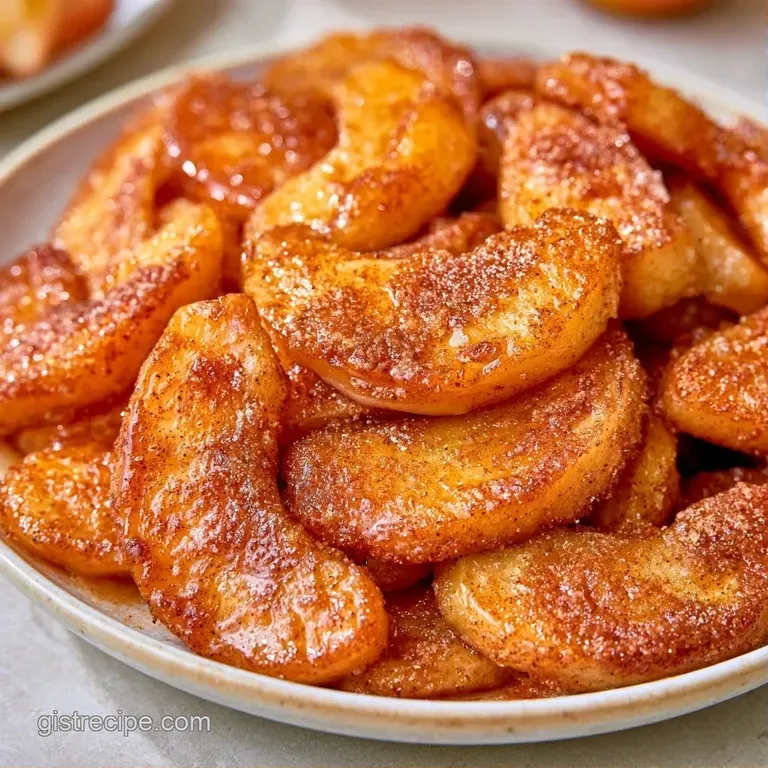Glistening cinnamon-coated apple chunks piled high in a white ceramic ramekin on a rustic linen cloth.