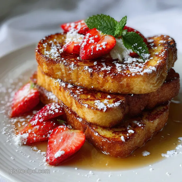 A slice of fluffy French toast artfully drizzled with warm maple syrup, alongside fresh strawberries & blueberries, ready ...