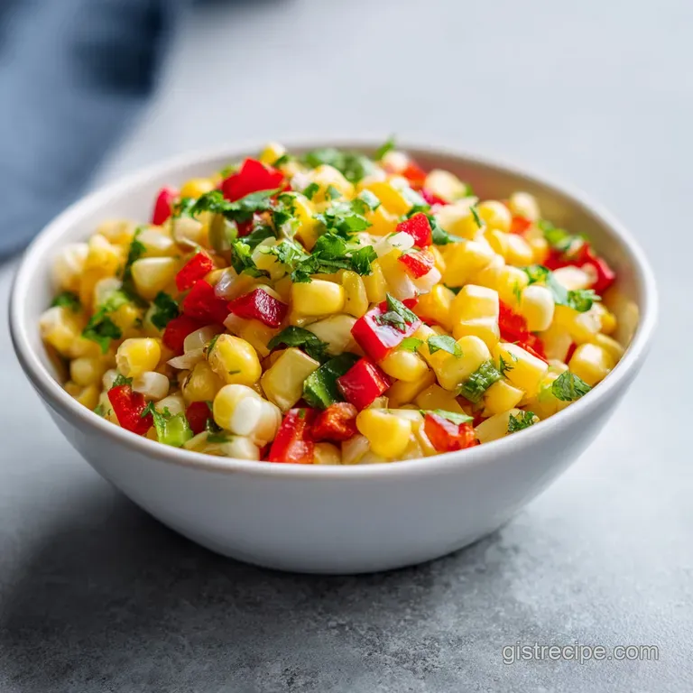 A colorful mound of fresh corn salsa served in a rustic ceramic bowl, garnished with lime wedges.
