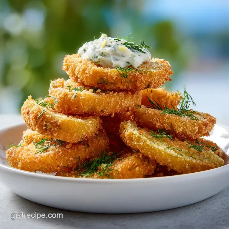 Elegant dip presentation featuring golden-fried pickles, fresh dill sprigs, and creamy ranch swirls for dipping. So inviting!