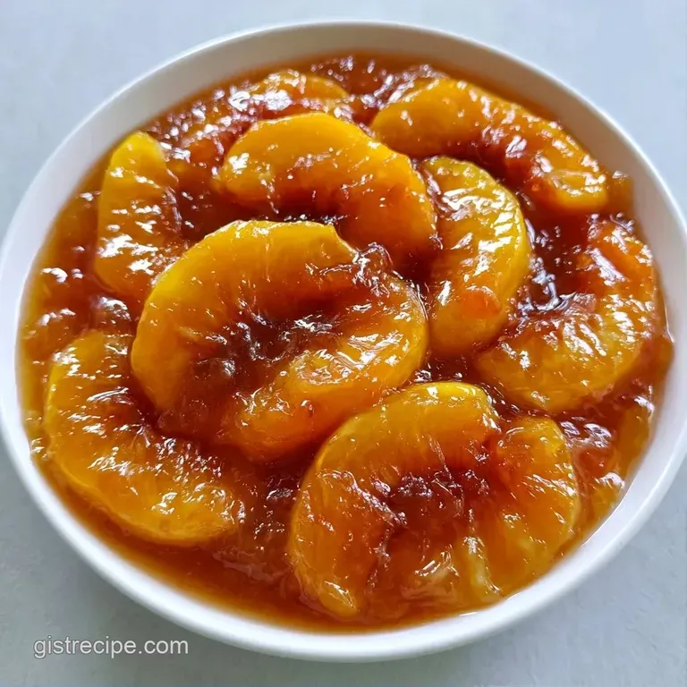 Vibrant orange peach pieces glistening in a thick syrup, served in a white ramekin next to a silver dessert spoon.