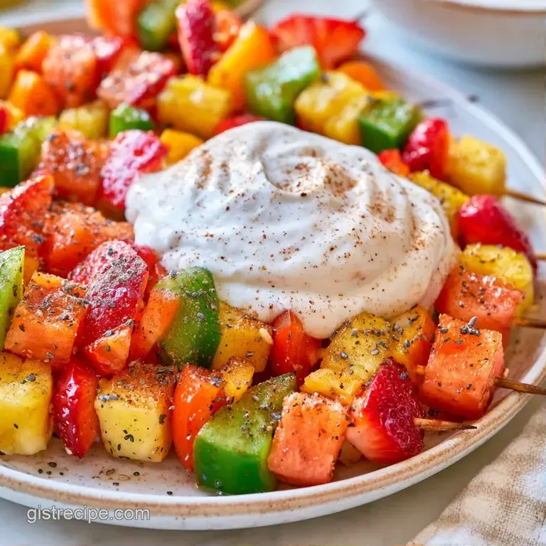 Rainbow-colored fruit kabobs artfully arranged around a white ceramic bowl of creamy dip on a light wooden platter.