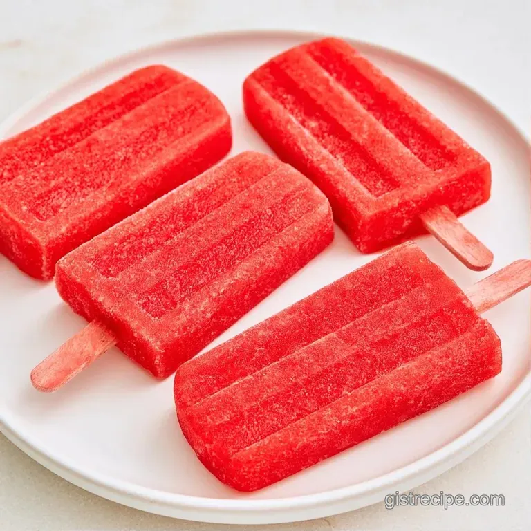 A row of bright red frozen treats resting on a chilled white platter, garnished with fresh mint and whole berries.