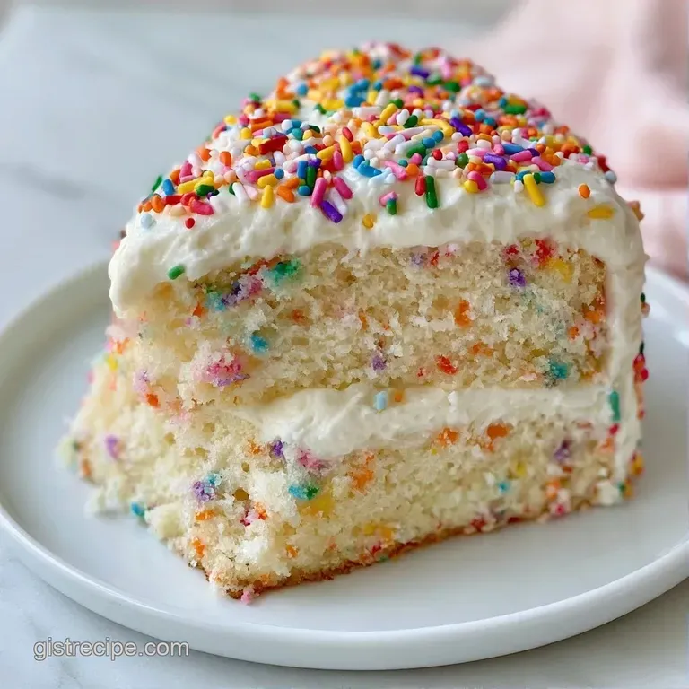 A tall white cake decorated with multi-colored sprinkles on a glass stand with a polished silver cake server nearby.