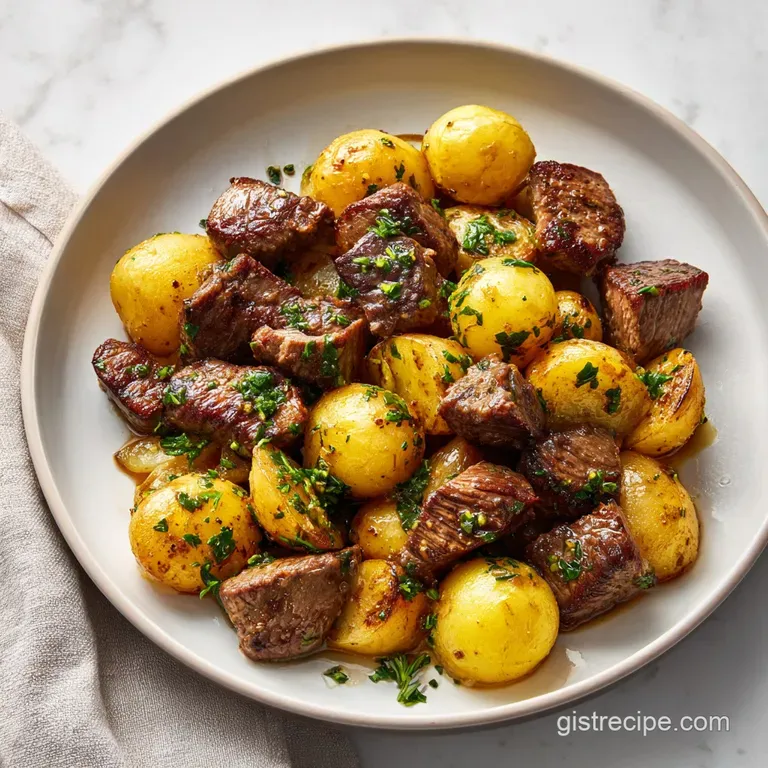 Juicy beef and perfectly roasted potatoes artfully arranged, garnished with fresh parsley.