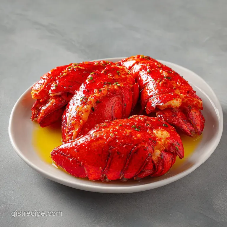 Two bright red lobster tails served on a dark slate board with fresh lemon wedges and melted butter drizzles.