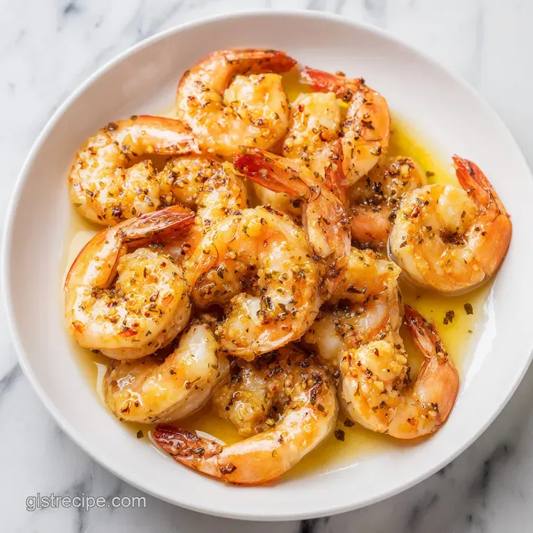 An elegant white plate featuring garlic-butter shrimp garnished with chopped parsley and a slice of lemon.