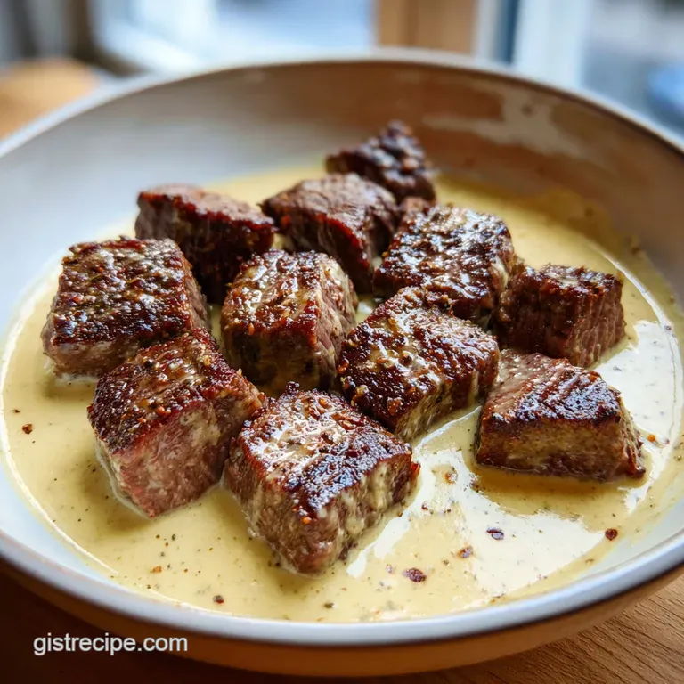 Glossy brown meat cubes arranged on a white plate, drizzled with herb butter and garnished with fresh parsley.