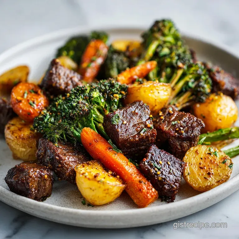 Sliced tender steak and vibrant roasted carrots and broccoli arranged on a white plate with a drizzle of garlic butter.
