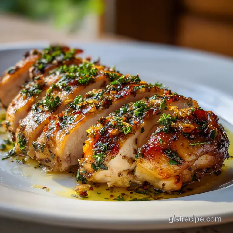 Juicy roasted chicken breast plated with vibrant green beans and golden potatoes, topped with herbs and garlic.