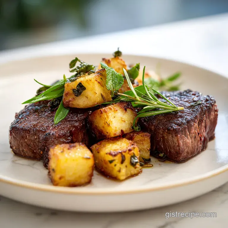 Sliced medium-rare beef alongside crispy golden potatoes and roasted garlic cloves on a dark ceramic platter.
