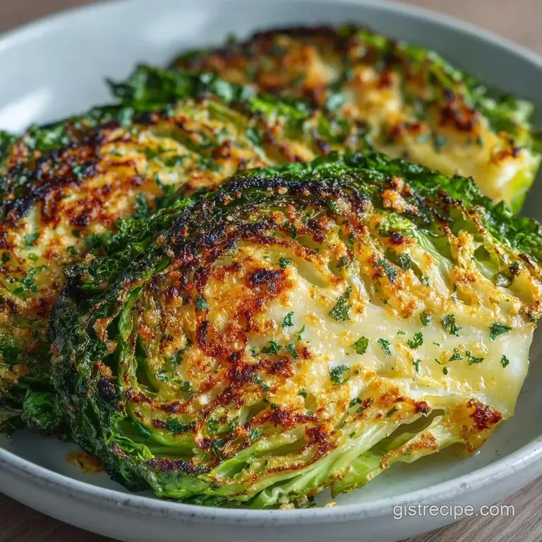 Sliced cabbage rounds with golden toasted cheese and fresh parsley on a white ceramic plate with a lemon wedge.