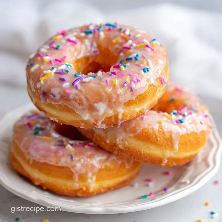 A pristine white plate showcases a trio of perfectly round donuts, each lightly dusted with a sugar glaze.