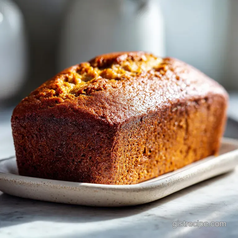 A thick slice of moist banana bread glistens, topped with a dusting of powdered sugar and a vibrant sprig of fresh mint. D...