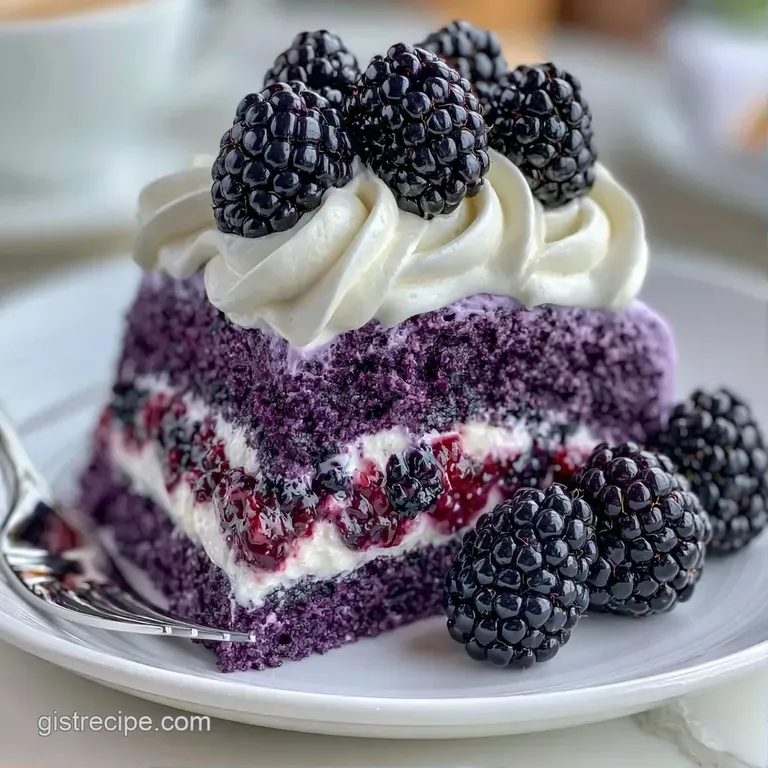 A slice of deep purple sponge cake on a white plate, drizzled with berry glaze and topped with fresh raspberries.