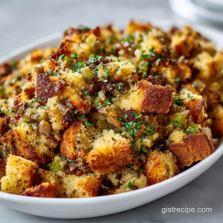 A generous scoop of warm gluten-free stuffing on a white plate, garnished with fresh thyme. Soft inside, slightly crisp ed...