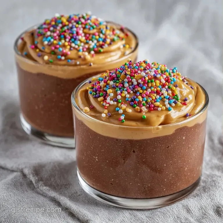 Sixteen clear mini glasses filled with tri-colored pudding layers arranged neatly on a white polished serving platter.