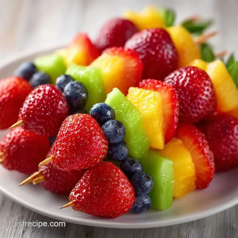 Rainbow fruit skewers artfully arranged on a white marble slab, accented by a sprig of fresh mint and honey glaze.