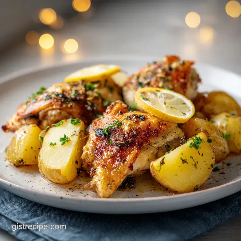 A single serving of juicy lemon chicken, artfully plated with sprigs of fresh dill and a creamy, tangy sauce drizzled alon...