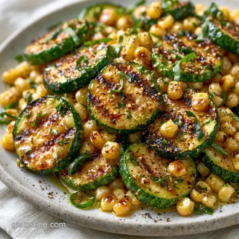 Bright yellow corn and charred green zucchini slices arranged on a white ceramic plate with a sprinkle of fresh herbs.