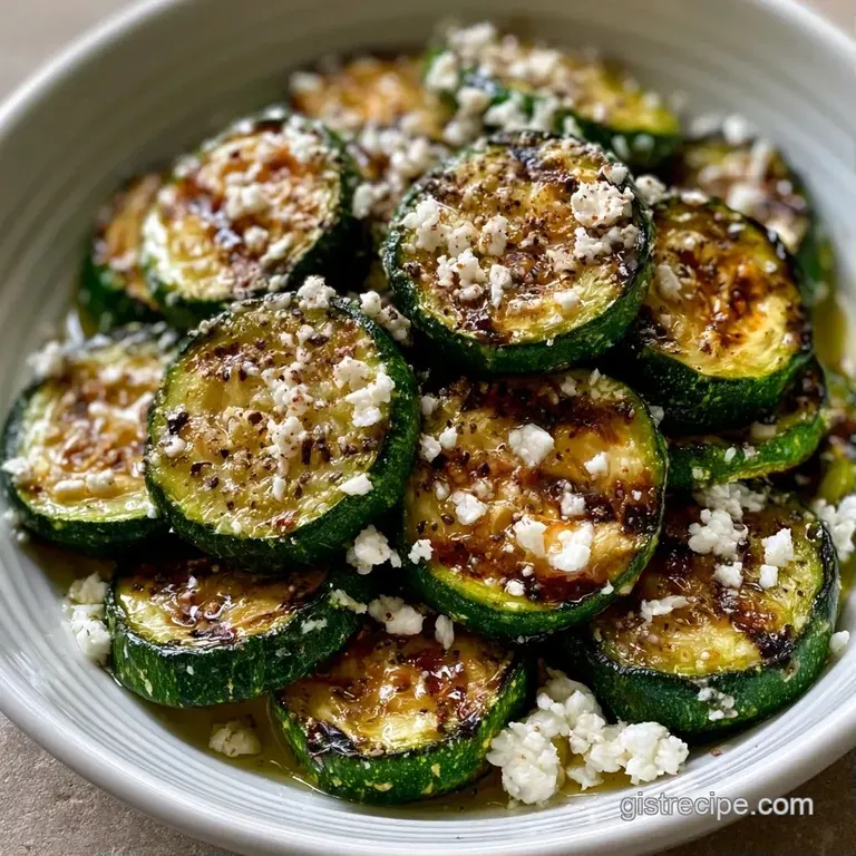 Charred green zucchini slices artfully arranged with white feta crumbles and fresh mint leaves on a ceramic platter.