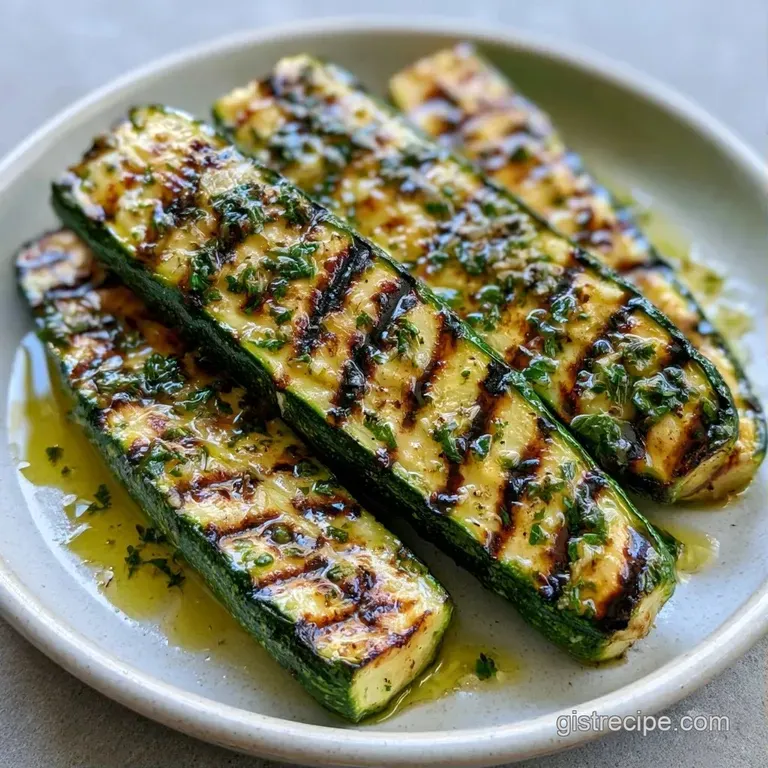 Neatly stacked green zucchini spears with char marks, topped with fresh parsley on a slate platter with lemon.