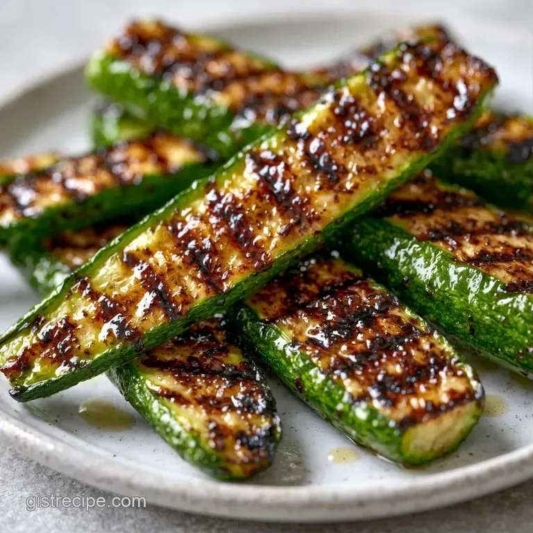 Charred green squash spears arranged neatly on a ceramic plate, garnished with fresh herbs and flaky sea salt.