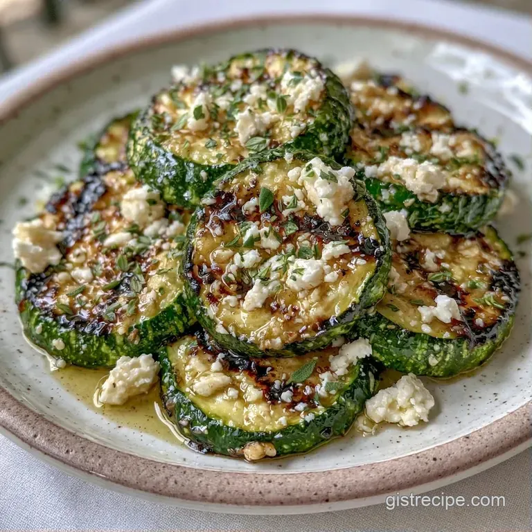 Neatly stacked green vegetable slices topped with crumbled white cheese and a golden oil drizzle on white ceramic.