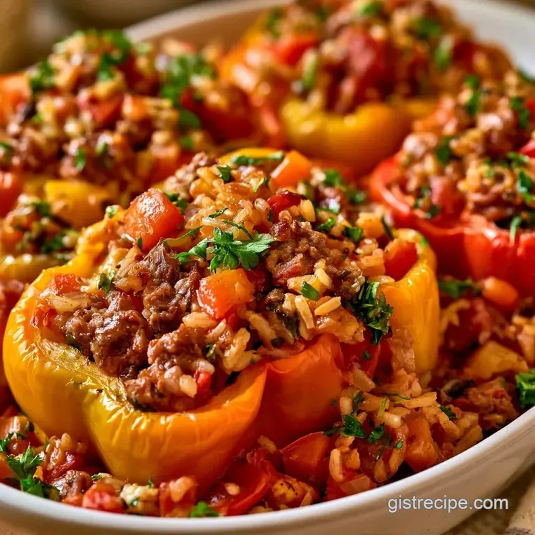 Three vibrant bell peppers filled with savory meat and rice, served on a white ceramic platter with a side of herbs.