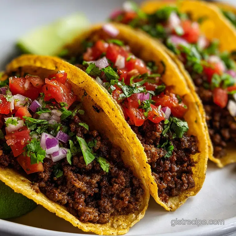A perfectly plated taco: golden-brown beef, crisp lettuce, diced tomatoes, and a drizzle of creamy sauce&mdash;delicious and inv...