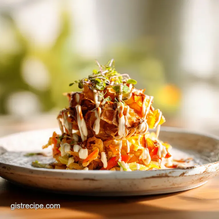 Haystacks elegantly plated: fluffy rice, creamy sauce, vibrant pineapple chunks, crunchy chow mein noodles, and green onion.