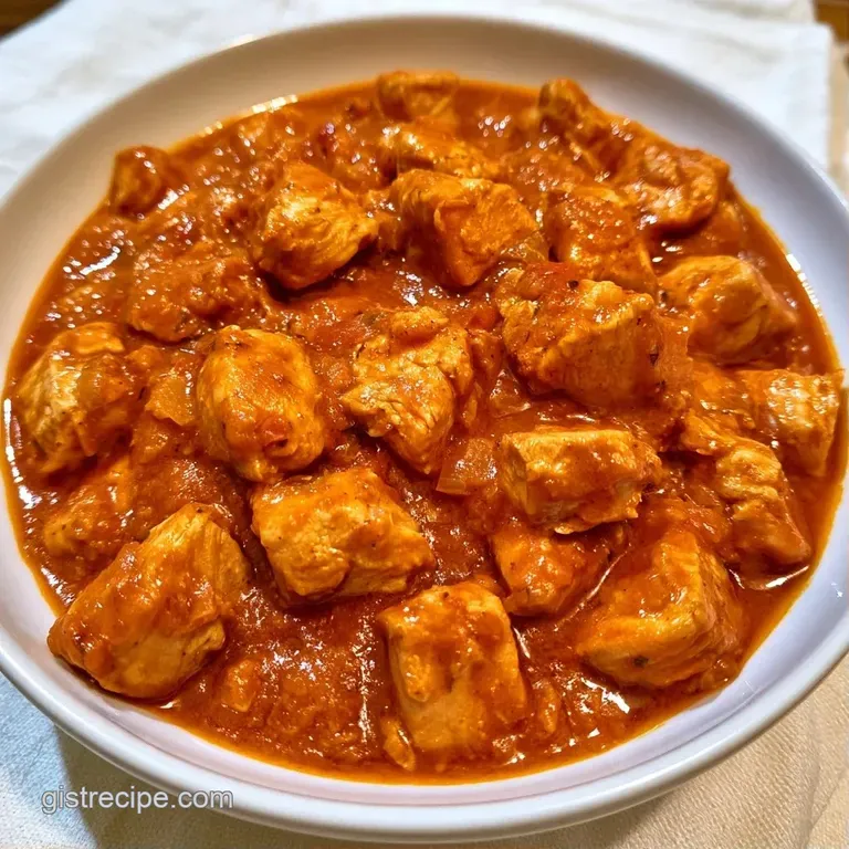 Richly colored chicken curry in a ceramic bowl served with fluffy white basmati rice and warm, buttery naan.