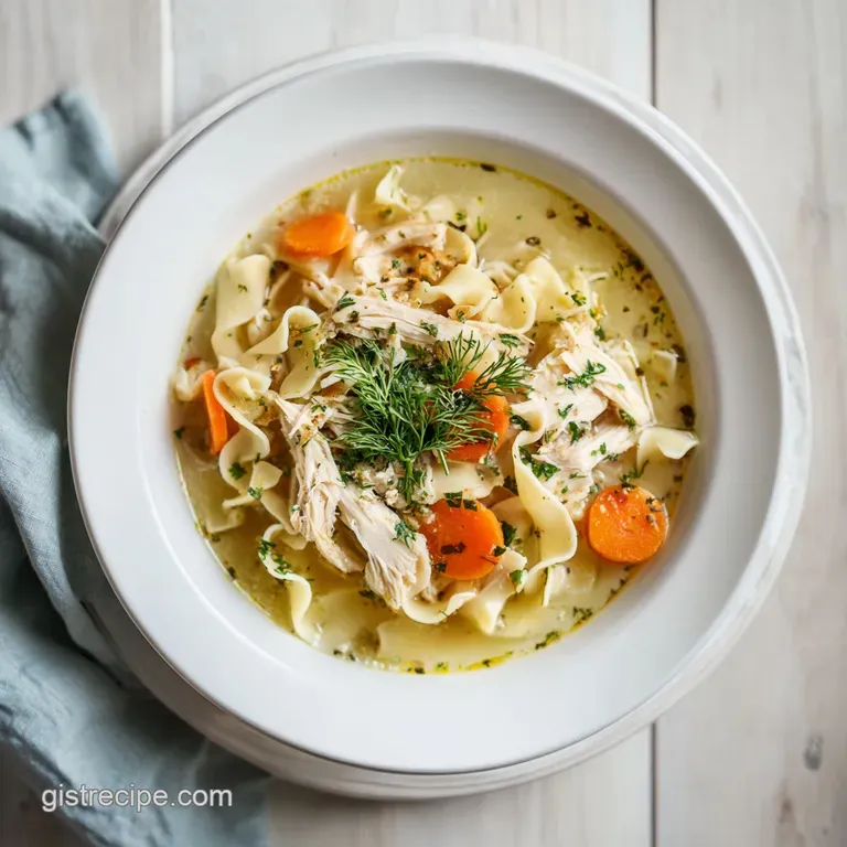 A steaming bowl of chicken noodle soup artfully arranged with a sprig of fresh dill and a side of crusty bread.